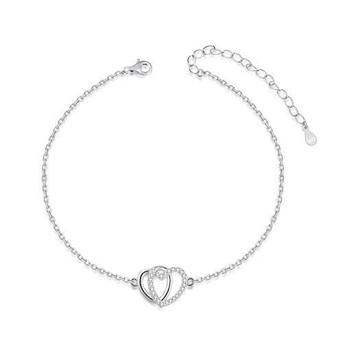 ACJFA Bracelet for Women 925 Sterling Silver Double Heart Charm Foot Ankle Bracelet Summer Jewelry Anniversary Birthday Gift for Wife Girlfriend Daughter