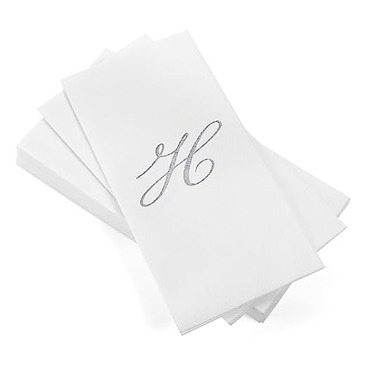 AH AMERICAN HOMESTEAD Disposable Hand Towels for Bathroom 50 Count - Guest Bathroom Essentials -Bathroom Paper Towels - Monogrammed Disposable Napkins - Wedding Napkins in Paper Towel Tray (Silver, H)