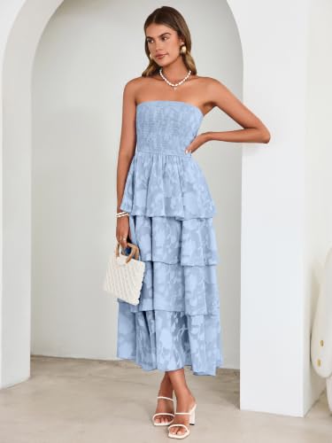 Image of Simplee Womens Summer Strapless Maxi Dress 2026 Boho Floral Off Shoulder Wedding Guest Dresses Tiered Beach Long Sundress