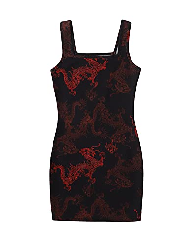 SOLY HUX Girl s Dragon Print Square Neck Sleeveless Mini Bodycon Dress Black 9Y