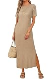 Arach&Cloz Womens Summer Wool Blend T Shirt Maxi Dress 2026 Spring Casual Short Sleeve Crew Neck Slit Fashion Sweater Knit Long Dresses Trendy Travel Vacation Outfits Kahki S