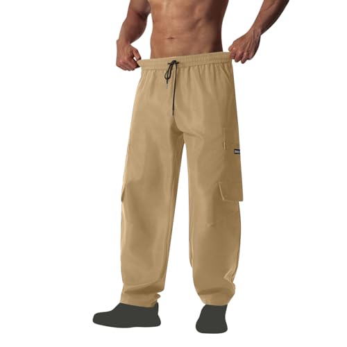 Pockets Cargo Pants for Men Solid Color Drawstring Elastic Workwear Pants Classic Lightweight Long Trousers Basic4