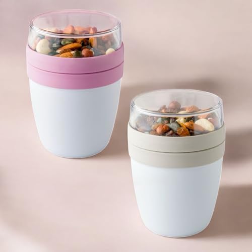 Pro Home MIXME Cereal Cups To Go (650ml) | Yogurt Pot With Reusable Spoon BPA-Free Dishwasher Safe | Leakproof Breakfast Pots With Lids | Portable Granola And Yoghurt Pot (2 Pack) (Beige Pink)