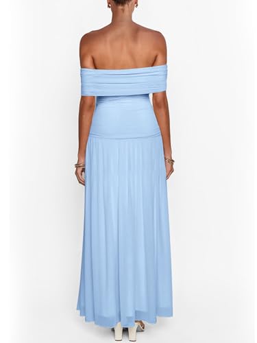 Image of MASCOMODA Women Off The Shoulder Mesh Maxi Dress Bodycon Ruched Formal Sleeveless Pleated Cocktail Wedding Guest Long Dresses