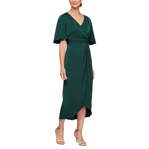 S.L. Fashions Women's Surplice Neck Midi Wedding Guest Dress with Flutter Sleeves (Petite & Regular Sizes)