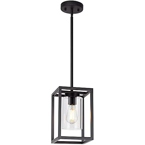 VINLUZ 1 Light Farmhouse Pendant Lighting Black Cage Chandelier Glass Shade Contemporary Modern Kitchen Island Lights Fixtures Ceiling Hanging Dining Room Living Room Cover