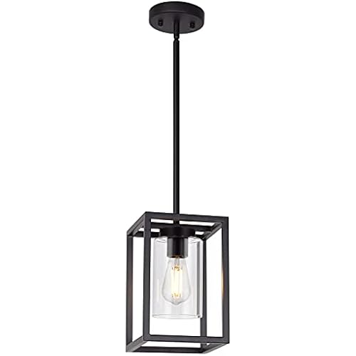 1 Light Farmhouse Pendant Lighting Black Cage Chandelier Glass Shade Contemporary Modern Kitchen Island Lights Fixtures Ceiling Hanging Dining Room Living Room