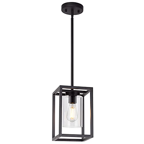 VINLUZ 1 Light Farmhouse Pendant Lighting Black Cage Chandelier Glass Shade Contemporary Modern Kitchen Island Lights Fixtures Ceiling Hanging Dining Room Living Room by VINLUZ - Used condition - US$51.06