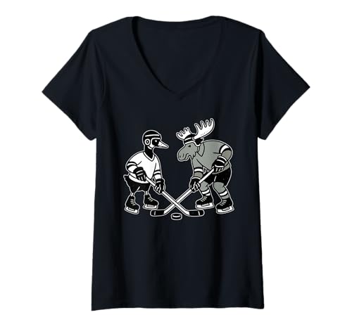 Womens Goose & Moose Playing Hockey Goalie Mom Dad Sport Game Day V-Neck T-Shirt