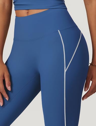 OMEWEE Yoga sets for women 2 piece Fashion contrasting lines Sports Bra and High Wasit Split hem Flared Leggings Blue M — view 5