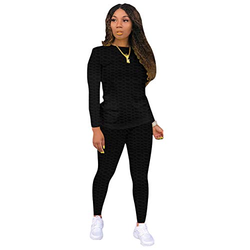 Women's 2 Piece Jogging Outfits Sets for Women Sexy Bodycon Tracksuit Long Sleeve Crewneck Solid Sweatshirt and Pants Set Black M