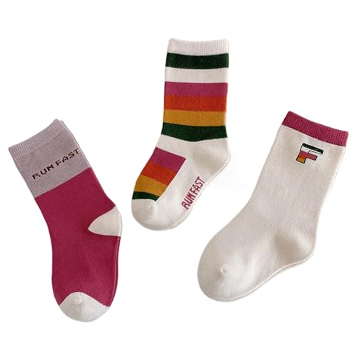 Kids Socks Ribbed Cuffs Crew Mid-Calf Stripes Polka Dot Color Block Grid Casual Socks for Kids 3 Pairs