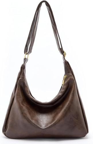 ALANTOP Hobo Bags para mujer – Bolso de hombro de cuero vegano ultra suave y plegable, bolso de mano ligero y holgado con cremallera para uso diario, viajes, trabajo y compras, Brown, 1 ALANTOP Hobo Bags para mujer – Bolso de hombro de cuero vegano ultra suave y plegable, bolso de mano ligero y holgado con cremallera para uso diario, viajes, trabajo y compras, Brown, 1