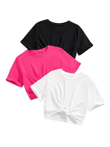OYOANGLE Girl's 3 Pack Short Sleeve Tee Shirts Set Twist Hem Crop Top Summer Casual Tees