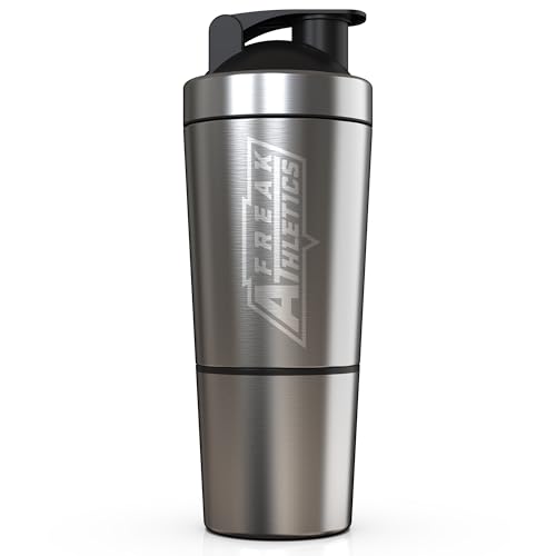 Freak Athletics Protein Shaker Bottle | 700ml Stainless Steel Protein Shaker With Wire Mixing Ball | 2 Storage Compartments | BPA Free Insulated Lightweight with Flip-Top Lid Supplement Mixer