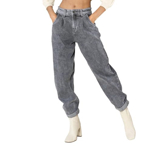 Nina Carter YY303 Damen High-Waist Baggy Jeans – Lässige Weit geschnittene Jeanshose Stretch-Denim Used Look (Grau (YY303-7), M)