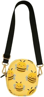 Mini Crossbody Bag with Bee Print Pattern, Yellow Canvas, Black Adjustable Strap