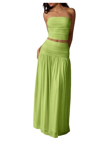 Verdusa Womens 2 Piece Sets Summer Skirt Set Brunch Vacation Outfits Ruched Strapless Bandeau Top with Maxi Skirt Green X-Small