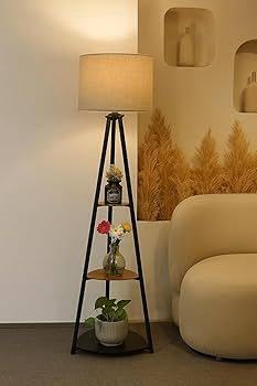 Image of Modern Wooden Shelf Floor Lamp with Fabric Shade | 3-Tier Storage Stand Lamp for Living Room, Bedroom & Home Decor