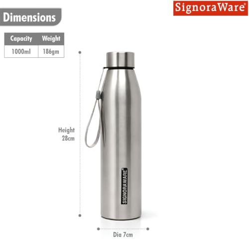 Image of Signoraware Messi Stainless Steel Water Bottle With Hanging Strip,(1 Ltr, Steel), Airtight & Leakproof, Lightweight & Easy to Carry, Stylish Bottle for Office, School, Gym, Travel & Outdoor Use