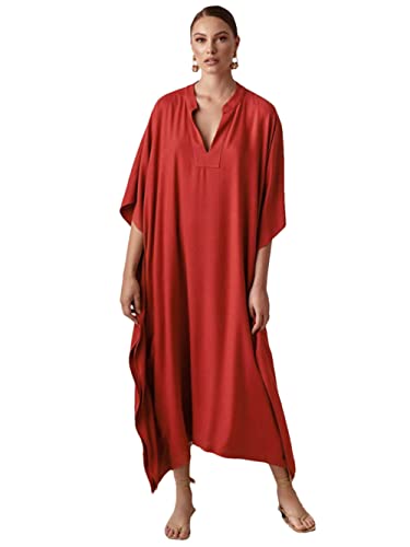 Robe longue ample pour femme - Robe de plage à smocks chic orange rouge XL