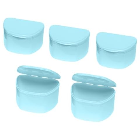 PlastCare USA Blue Denture Cases Pack of 5 - Dental Box For Artificial Teeth, Mouth Guard, Night Guard, Gum Shields, Retainer - Denture Bath Container for Women and Men - Travel Denture Cup Cover