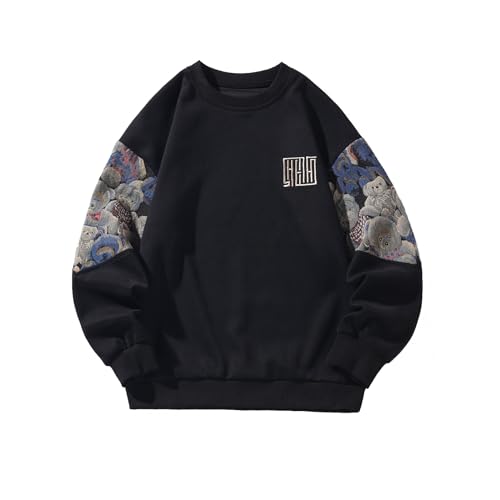 GMOYD Mens Bear Embroidered Sweatshirt Vintage Patchwork