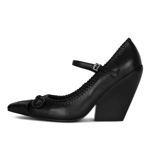 FOWT Women Elegant Bow Knot Single Strap Mary Jane Pumps Square Toe Special Chunky High Heel Adjustable Buckle Prom Evening Dress Date Shoes Size 4-16 US