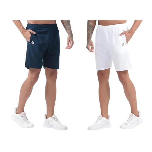 Image of BLUE STAR SHARK Athletic Sports Shorts for Men with Zip Pockets and Elastic Waistband Quick Dry Lightweight Activewear Combo - Pack of 2 (Color: Airforce and White, Size:L)