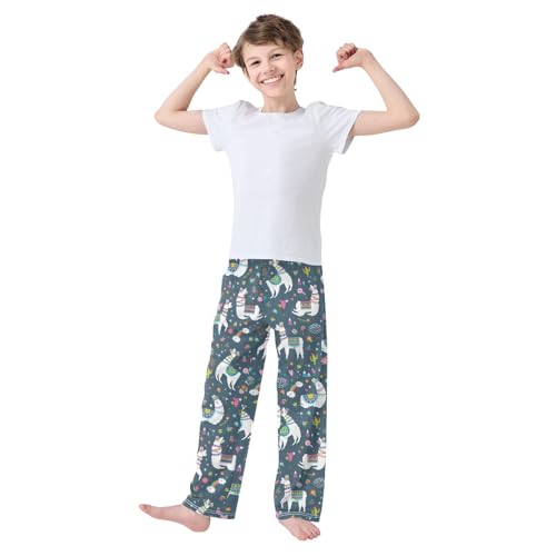 Ethnic Floral Llama Boys Long Pants Soft Trousers Elastic Waist Kids Lounge Bottoms with Pockets S-XL2