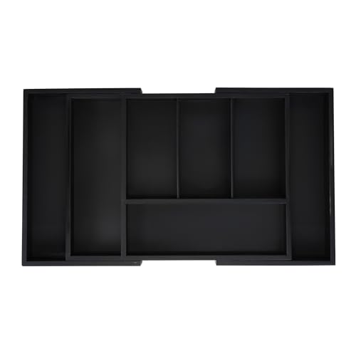 Relaxdays Cubertero Cajón Extensible, Organizador Cubiertos 5-7 Espacios, Clasificador Utensilios, Bambú/MDF, Negro
