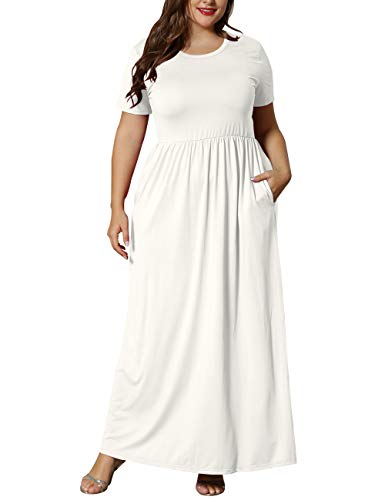 Image of KARALIN Women Plus Size Maxi Dress Short Sleeve Round Neck Loose Fit A-Line | Plus Size Long Dress,Summer Casual Maxi Dresses,Short Sleeve,Side Pockets,Round Neck,Elastic Waist,14 Plus - 26 Plus