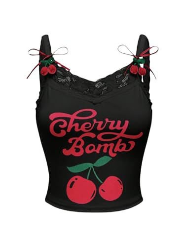 SHENHE Women's Lace Trim Cute Cherry Print Spaghetti Strap Kawaii