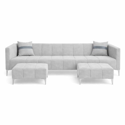 Image of Solomon 6 Seater L Shape Sofa Set with 2 Movable Ottoman | Flexible Left or Right Layout | Luxe Velvet Suede Fabric | Comfortable Seating | Modern Sofa for Living Room - Light Grey
