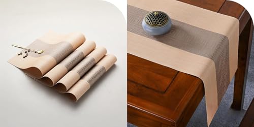 Image of Dining Table Placemats & Runner Set - Heat Resistant, Washable & Stain Resistant Woven Vinyl Mats | Table Runner & 4 Placemats Set for Stylish Dining (45x30 cm Placemats, 180x30 cm Runner)