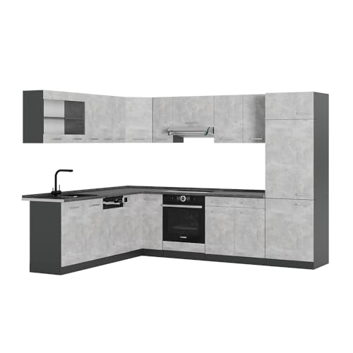 Vicco Eckküche R-Line, Küchenzeile in L-Form, Beton/Anthrazit, 227 x 287 cm, AP Anthrazit
