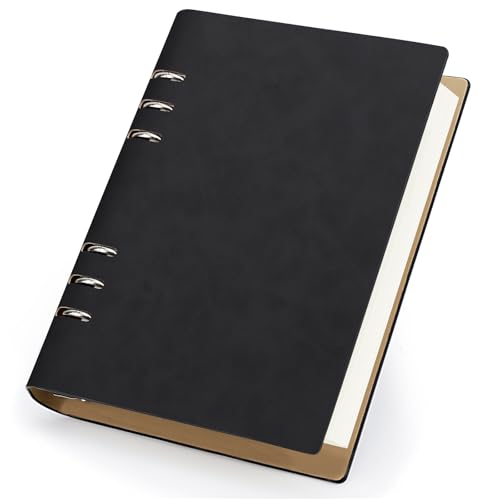 Yarotm Cuaderno de Anillas A5 - Lineas Libreta Cuero PU 14x21cm - 100g/m² Papel Rayas Cuaderno A5 Recargable - 300 Páginas Bloc de Notas Anillas - Notebook Espiral Diario Personal, Negro
