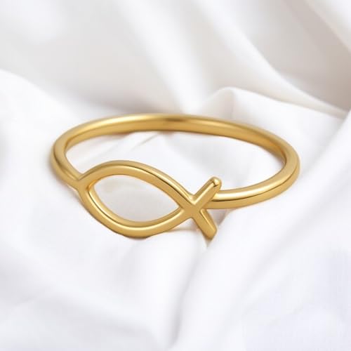 925 Sterling Silver 18k Gold Plated Christian Fish Ring, Handmade Ichthys Symbol Band for Women, Minimalist Stackable Faith Jewelry, Promise Ring by Luxoragems3