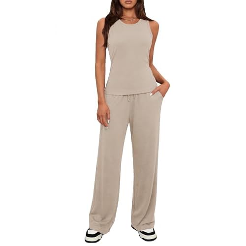 Totatuit Women 2 Piece Sets Summer Lounge Matching Sets Round Neck Sleeveless Top Wide Leg Pants Vacation Travel Outfits