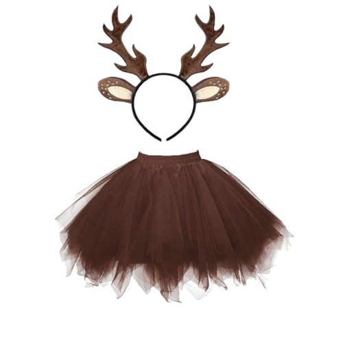 JiJiRuDU REH Kostüm Damen Rentier Haarreif und Tüllrock Braun Geweih Haarreif Rentier Kostüm Erwachsene TierKostüm Damen für Halloween Weihnachten Karneval Cosplay Party