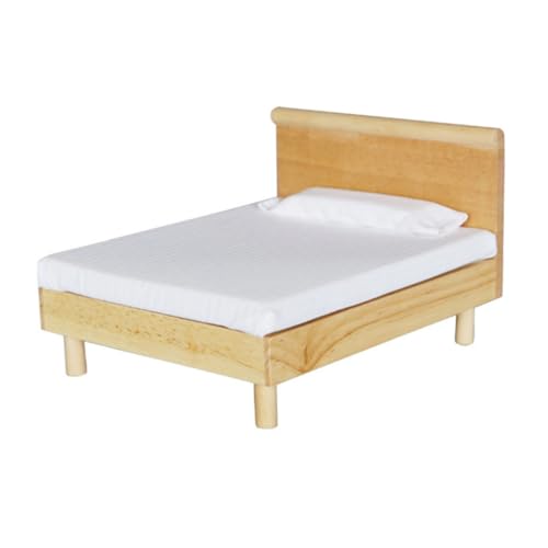 minkissy Mini Cama Doble de Madera Maciza Color Roble Cama en Miniatura para Casa de Muñecas Modelo Realista y Seguro para Accesorio de Simulación Decorativo