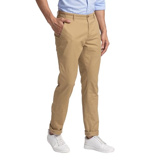 Image of Colorplus Men's Cotton Blend Solid Piece Dyed Pattern Contemporary Fit Flat Front Casual Trouser