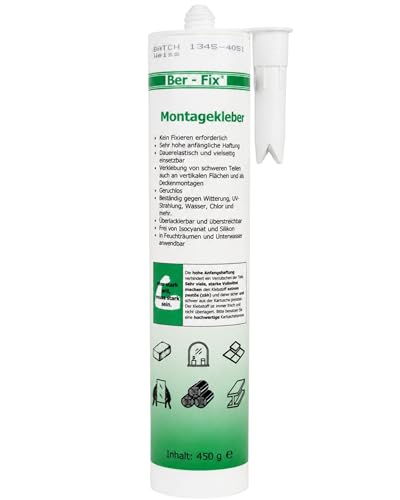 Ber-Fix® BF3000 Montagekleber weiß 450 g / 290 ml – MS Polymer Montagekleber mit Soforthalt für Holz, Stein, Beton, Metall, Spiegel & Leisten – innen & außen