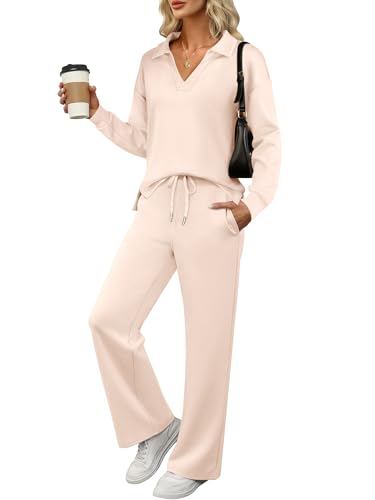 ANRABESS Women's 2 Piece Outfits Lounge Sets Casual Long Sleeve Sweatsuits Polo Top Wide Leg Pants Fall Sweat Matching Sets Apricot Medium