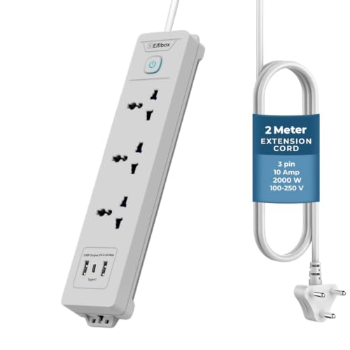 Image of EMBOX Extension Board with USB (2.4 A) Type C | Master Switch Spike Guard, Universal Sockets, LED Indicator 2000W, 2 Meter Extension Cord