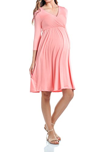 Beachcoco Maternity Women's V-Neck 3/4 Sleeve Nursing Knee Length Dress (L, Pink...