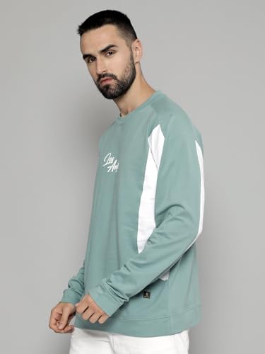 Image of Maniac Mens Printed Cutpanel Round Neck Fullsleeve Berly Green and White Cotton Oversized T-Shirt