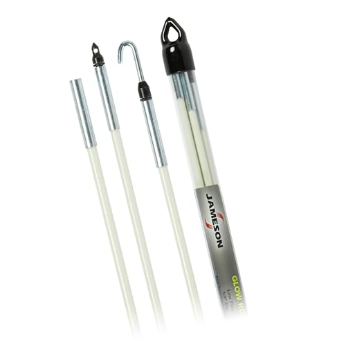 Jameson Glow Fish Rod Kit 1/4 in x 12 ft Non-Conductive Fiberglass Glow Rod for Running Wires through Ceilings Walls Floors Attics Includes Bullet Nose with Eyelet Hook and Storage Tube