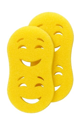 Image of Smilyeez Double-Size Scrub Moji Sponge 2-Pack - Dual Smiling Faces, Temperature-Responsive Scrubber - Scratch-Free, Odor & Stain Resistant - Yellow