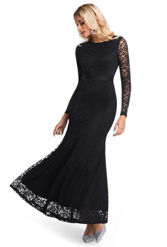 Image of LRISES Womens Floral Lace Backless V-Back Dress Long Sleeves Bridesmaid Formal Evening Wedding Party Maxi Dresses Black